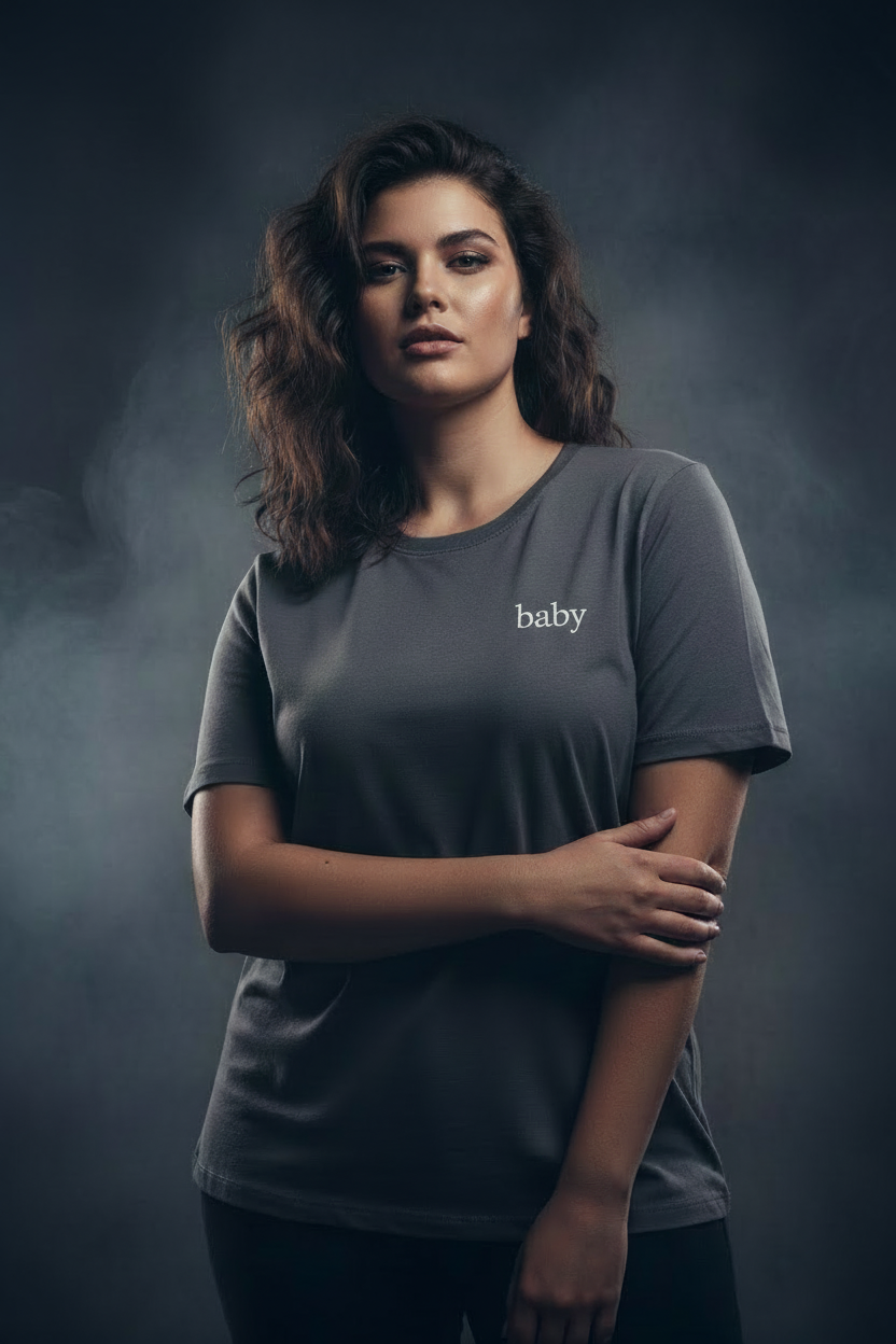 Plus size model wearing tee with small cursive baby lettering on upper left chest